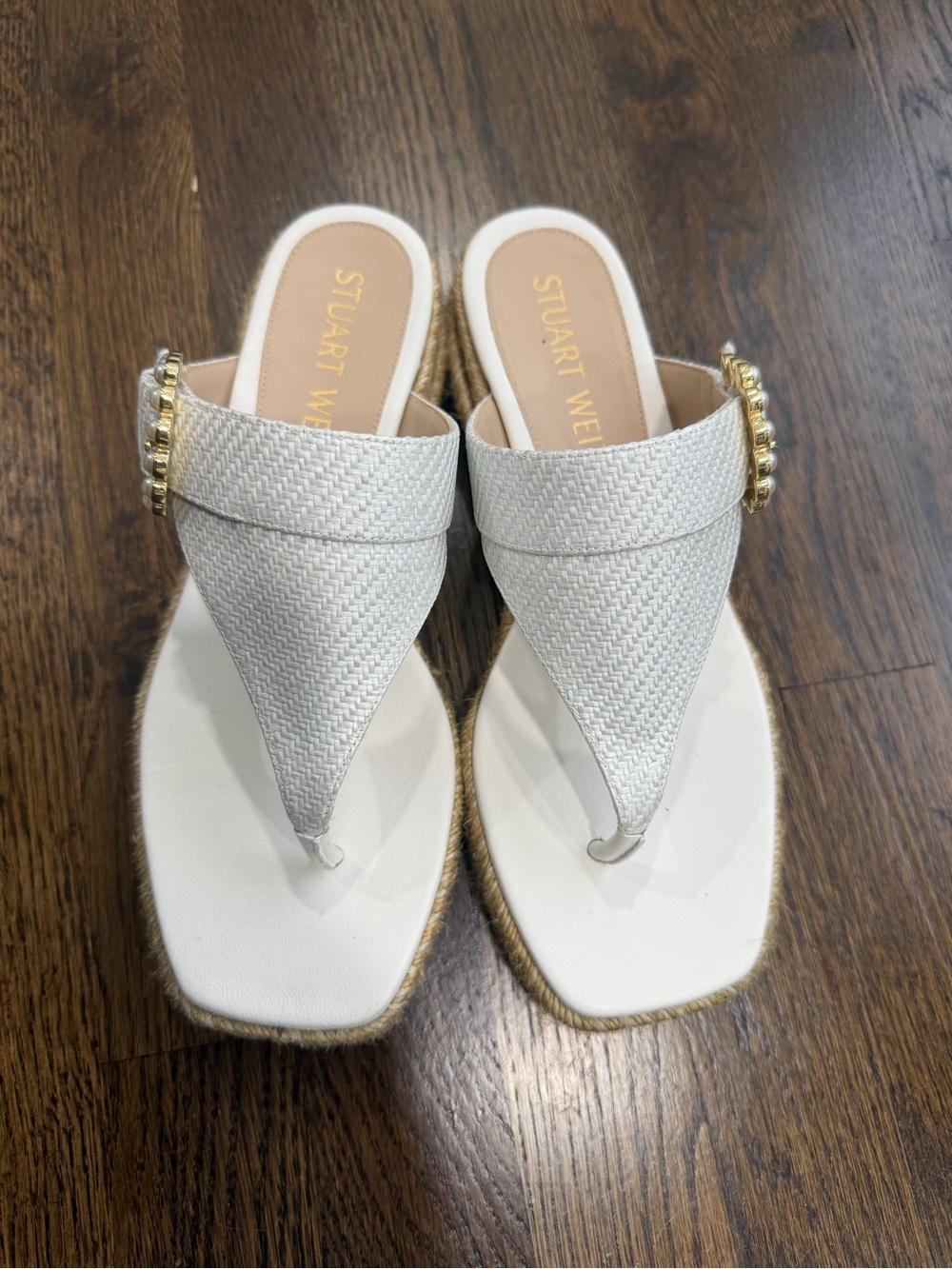 Stuart Weitzman Pearl Buckle Espadrille Wedge Sandals
